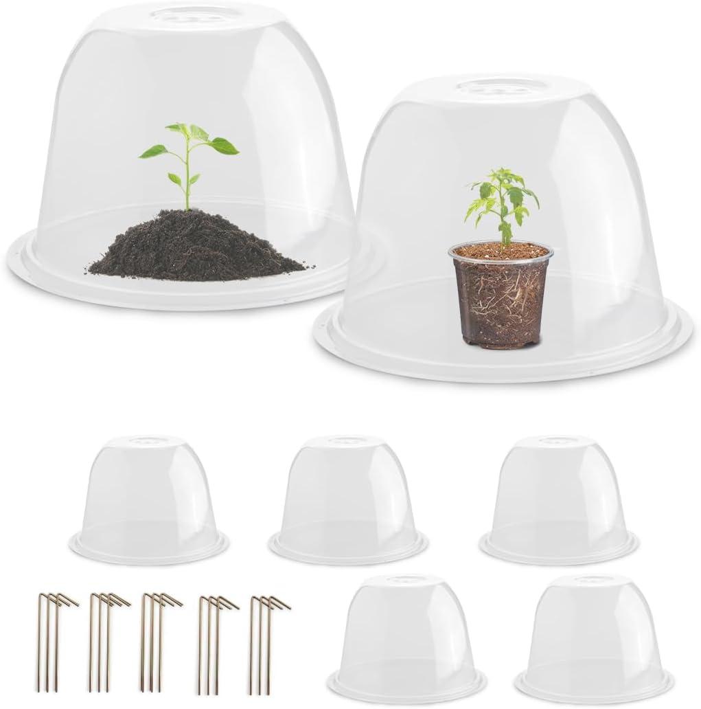Plant Protectors from Animals 5-Pack, 10" D  6.7" H Garden Cloches for Seedlings Nursery Pots, Clear Plant Covers, Mini Greenhouse for Plants, Durable Humidity Domes with Ventilation Holes