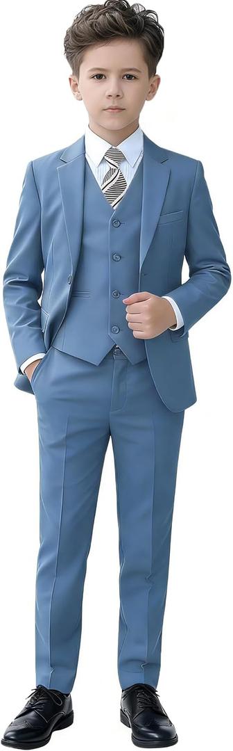 Kids Suits Blue Grey Suit for Boys Slim Fit Formal TuxedoToddler Boy 5Pcs Vest Dress Pants Blazer Ring Bearer Outfit Wedding Suit Size 10