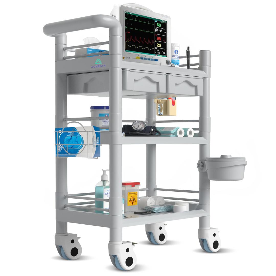 Averian 3 Tier ABS Medical Cart Stunning Grey | Rolling Esthetician 330lb Capacity Trolley with Lockable Casters | Supply Mobile Station for Clinics, Labs, Dental & Beauty Spas