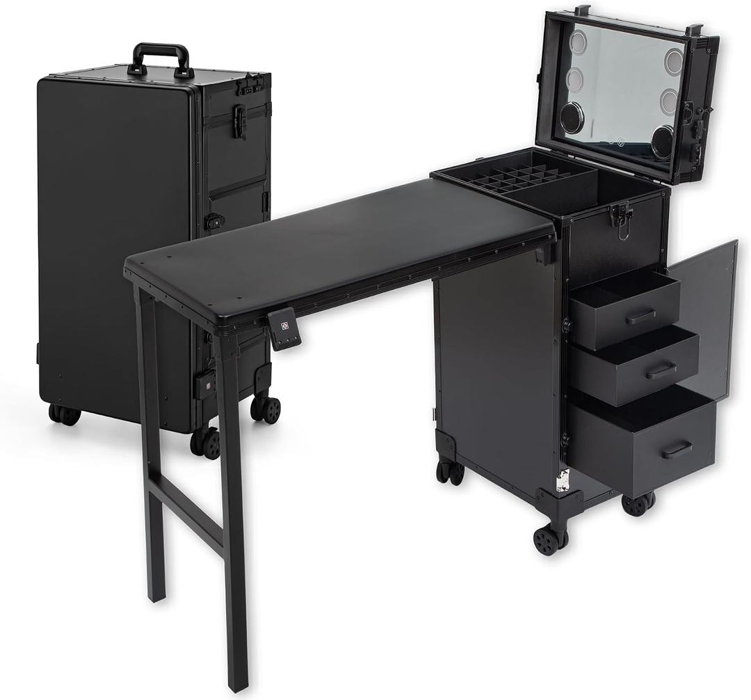 Rolling Manicure Table with 3 Drawers, Portable Nail Desk for Nail Tech, Foldable Nail Table Lockable Makeup Case with Mirror, Nail Polish Organizer, Mobile Nail Tech Workstation with Wheels, Compact