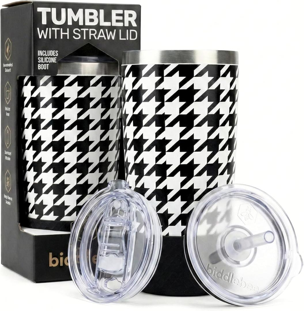 Biddlebee 20oz Insulated Tumbler with Straw and Slider Lids | Cute Stainless Steel Coffee Cup and Water Bottle with Silicone Boot | Gift for Women, Mom or Best Friend | Travel Mug Hot Cold (Black/White)