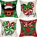 Merry Christmas Decorative Throw Pillow Covers 18 x 18 Set of 4, Xmas Candy Cane Wreath Red Green Bow Cushion Case Decor, Noel Joy Winter Holiday Farmhouse Home Sofa Couch Decoration