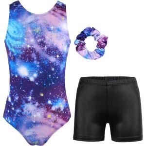 JESKIDS Gymnastics Leotards for Girls Dance Unitards Biketards Matching Shorts Activewear Suits for Girls 4-5 Years (Cosmic)