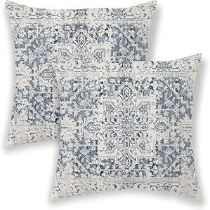 BETGINY Boho Pillow Covers 22x22, Blue and White Ethnic Design Outdoor Decorative Throw Pillows for Couch, Carpet Pattern Decor Cushion Cover 2 Pcs Farmhouse Linen Pillowcase for Bed Car Safa