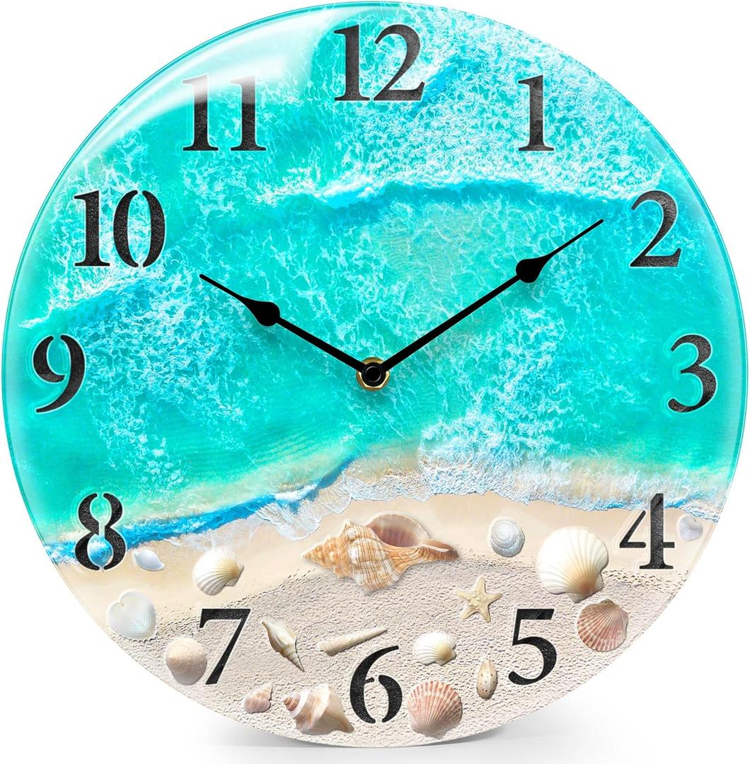 Coastal Nautical Glass Wall Clock with Seashell Design and Aesthetic Beach Theme - Battery Operated Silent Wall Decor for Home, Kitchen, Living Room, Office, Bedroom, or Bathroom (14 Inch,Teal)
