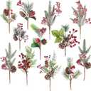 Crafare12-16 Inch Large Artificial Christmas Tree Picks 12 Styles Assorted Holly Picks Stems with Pinecones Leaves for Xmas Tree Filler Floral Arrangement Winter Holiday Season Dcor