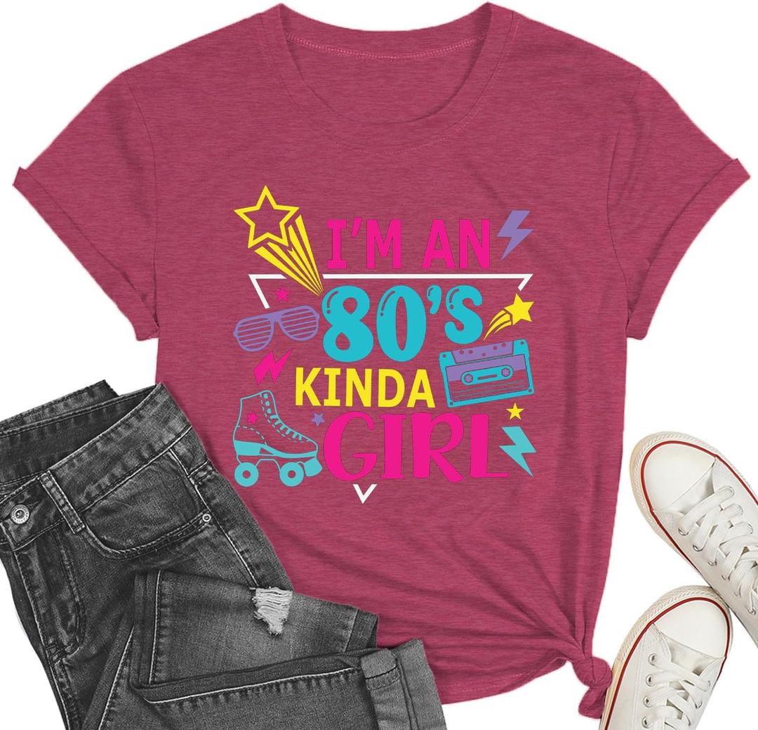 80s Shirts for Women Girls Party T-Shirt I'am an 80's Kindas Girl Tops Vintage Graphic Tee (Purple, XL)