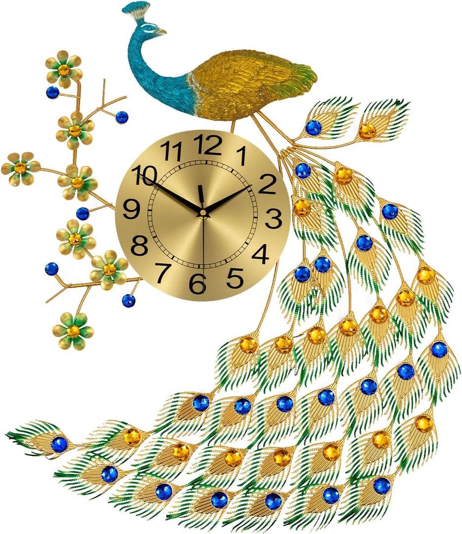 Peacock Wall Clock 25.6 * 29.5in Large Peacock Clock Luxury Wall Clock Silent Digital Wall Watch Clock Hanging Wall Clock for Living Room Bedroom Decor