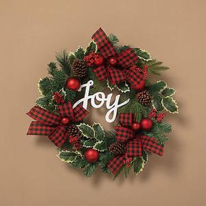 Gerson24 Holiday Pine & Pinecone Wreath with Ornament, Bow & Joy Sign
