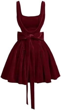 SHENHE Women's Bow Velvet Mini Dress Vintage A Line Ruffle Flowy Holiday Cocktail Party Dress M