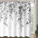 Gray and White Eucalyptus Shower Curtain Watercolor Grey Floral Plant Leaf Shower Curtains for Bathroom Botanical Flower Waterproof Fabric Bath Curtain Decor with Hooks (Black, 72'' x 72'')