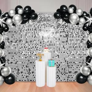 48 Pcs Silver Shimmer Wall Backdrop for Birthday Decorations, 8x6 FT Dynamic Square Sequin Wall Backdrop for Wedding Graduation Disco Engagement Party Proms Anniversary Decor