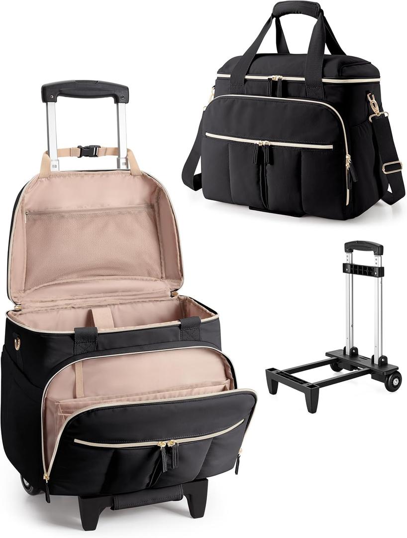 Marscamd Rolling Teacher Bag with Accordion File Organizer & 15.6" Laptop Compartment, Wheeled Work Briefcase Tote with Detachable Trolley & Crossbody Strap for Women, Black