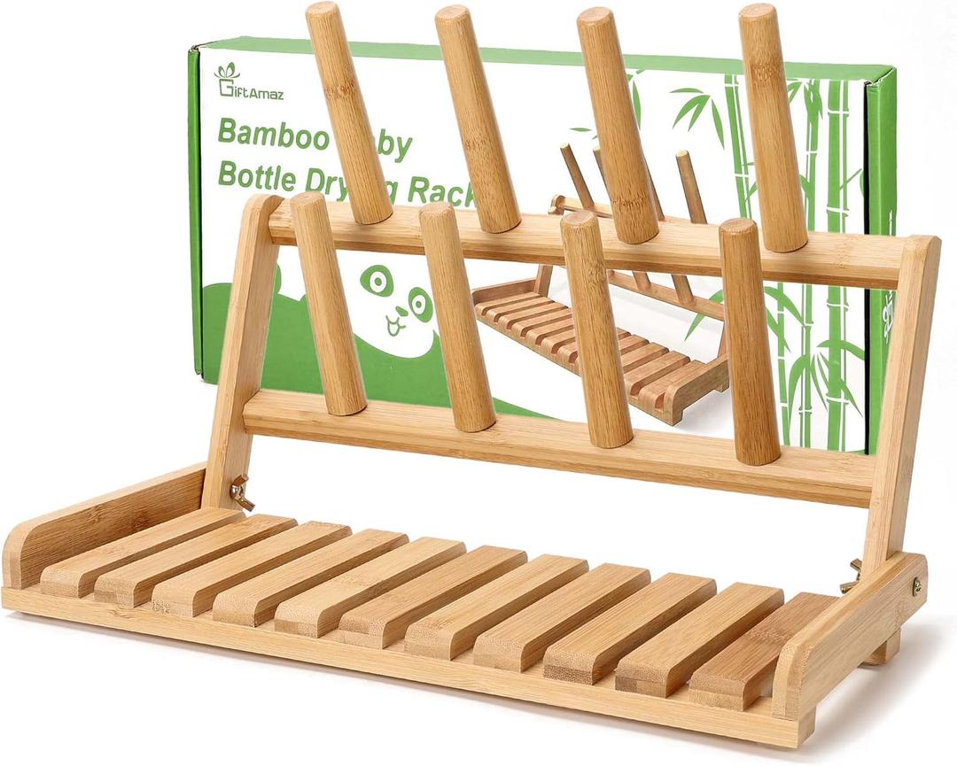 Bamboo Baby Bottle Drying Rack, Space Saving Countertop Bottle Holder Portable Dryer Rack Organizer for Baby Bottles, Cups, Pacifiers and Accessories, Birthday Box for Women Mother Mom