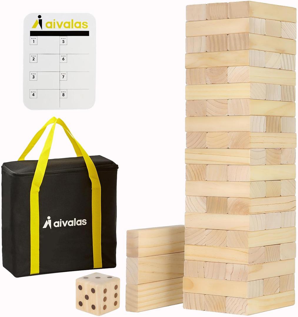 Aivalas X-Large Size Tumble Tower, Wooden Block Game with Scoreboard&Carrying Bag, Indoor Outdoor Backyard Game Stacking from 2.3FT to Over 5FT- 56 Pieces