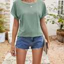 YeonYoonA Women's Eyelet Embroidery Short Sleeve T-Shirt Summer Fashion Clothes Loose Fit Casual Holiday Blouse T Shirt (Green, S)