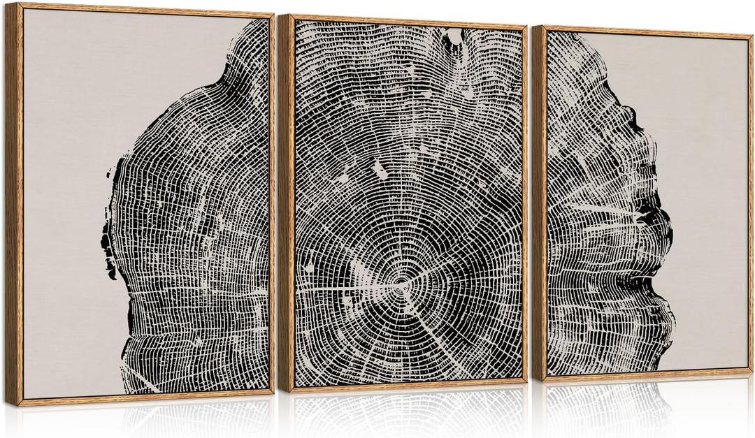 CHDITB Framed Wood Tree Rings Wall Art Set, 16x24in Black and White Canvas Art Wall Decor, Abstract Nature Wall Pictures Prints, Modern Paintings Wall Art for Living Room, Bedroom, Farmhouse(3Pcs)