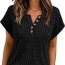 AUTOMET Women Tops Summer Sweaters Short Sleeve V Neck Henley Shirts Dressy Button Blouses (Black, M)