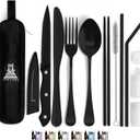 Portable Travel Silverware Set With Case, Includes 10 Pcs of Travel Utensils With Case, Stainless Steel Flatware Set For Camping, Lightweight (Black)