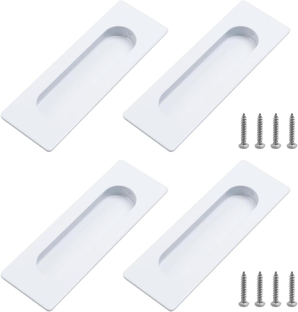 Crapyt 4 Pcs Pocket Door Handles, 4.72" Closet Door Finger Pull Cabinet Handles, 304 Stainless Steel White Rectangular Recessed Clothes Cabinet Pull Hardware