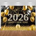 8x6ft Happy New Year Backdrop 2026 Black and Gold Fabric Background New Year's Eve Wall Champagne Fireworks for Celebrate Decor Banner New Year's Holiday Party Decorations