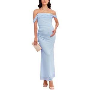 AISWI Women's Maternity Off The Shoulder Maxi Dress Mesh Ruched Bodycon Pregnancy Dresses Baby Shower Photoshoot XL