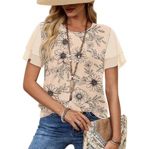 WIHOLL Womens Summer Tops Trendy Ruffle Sleeve Shirts Casual Chiffon Blouses Beach Vacation Clothes (Beige, S)