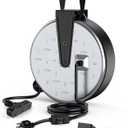 DEWENWILS Metal Extension Cord Reel,30FT Retractable Extension Cord, 16AWG/3C SJTW Power Cord, 3 Electrical Outlets, 10A Circuit Breaker, Wall or Ceiling Mountable for Workshop, Garage, UL Listed (Silver/Black-black Cord)
