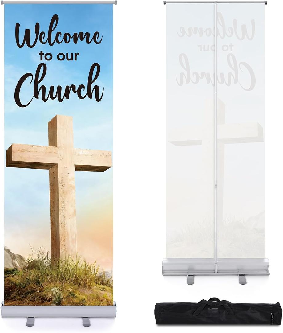 Ceenna 24 x 63 Inch Welcome to Our Church Banner, Religious Retractable Banner with Aluminum Silver Stand Fast Setup and Tear Down Pop up Display Sign with Bag for Church Sunday School Event