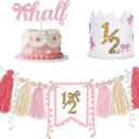 Bow Pink 1/2 Birthday Decorations,Bow Crown with High Chair Banner and Cake Plate,Half Birthday Party Decoration For Girl Baby Shower (White)
