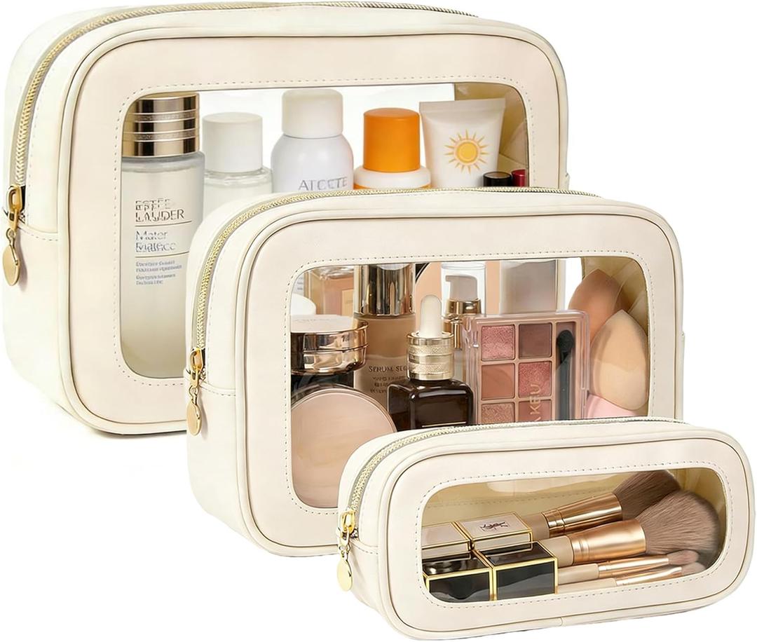 3-Piece Travel Clear Makeup Bag Set, Small Large Clear Cosemetic Bag with Makeup Brush Bag Waterproof Makeup Pouch with Zipper Toiletry Bags For Traveling Car Accessories for Women (White Set) (Beige)
