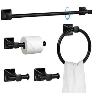 SUS304 Stainless Steel Bathroom Hardware Set, 5-Piece Matte Black Wall Mounted Towel Rack Accessories Set, 24 Inch Towel Bar, Towel Ring, Toilet Paper Holder, Towel Hooks, Multipurpose for Bathroom