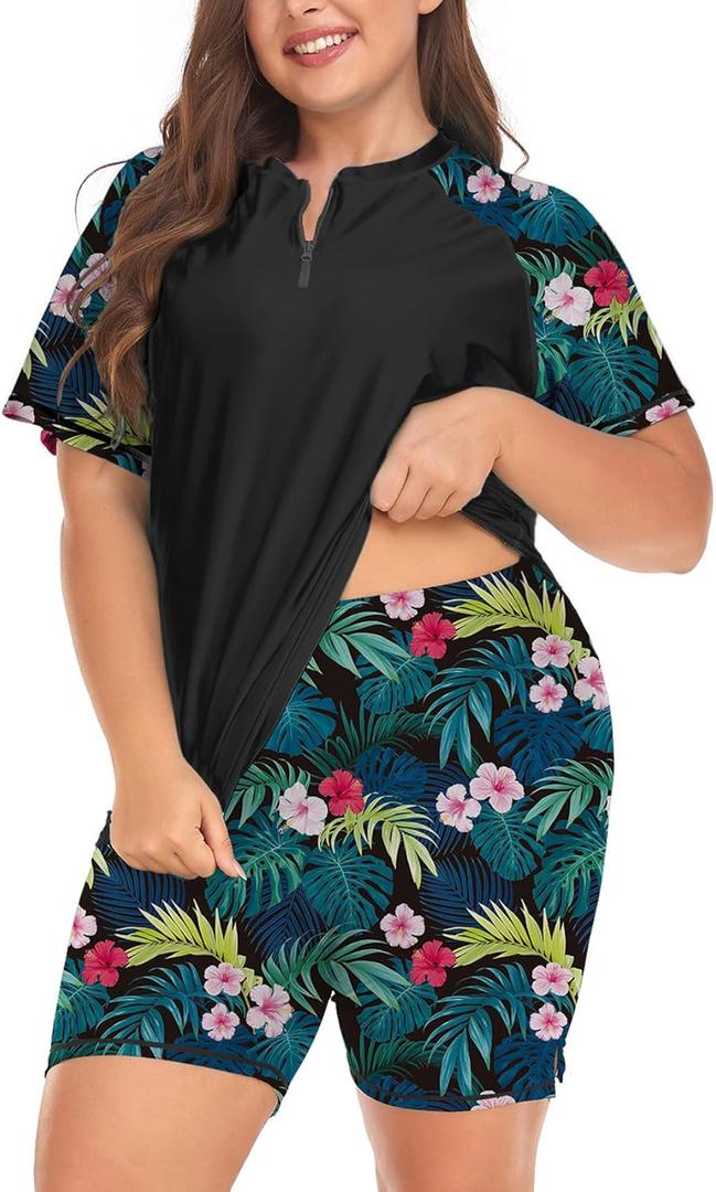 Inno Women's Plus Size 2 Piece Rash Guard Swimsuits Short Sleeve with Boyshorts UPF 50+ Surfing Swimwear (XXL)