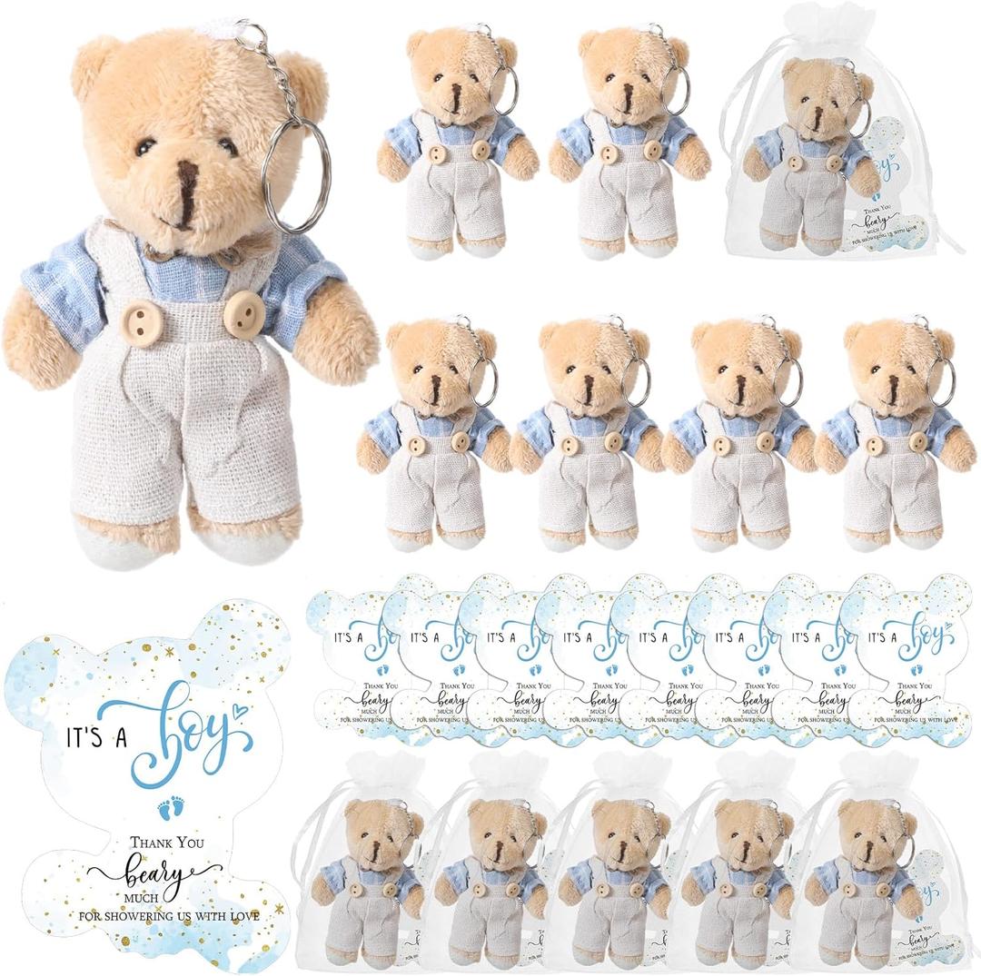 Poen 25 Sets Bear Baby Shower Favor for Guest 25 Stuffed Plush Mini Bears Plaid Tiny Stuffed 25 Thank You Cards and Organza Bag for Gender Reveal Guest Gifts(Boy)