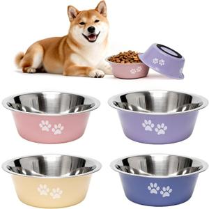 [4 Pack] Stainless Steel Dog Bowls, Colorful Metal Dog Food and Water Bowl with NonSlip Quiet Bottom, Easy to Clean, Dishwasher Safe, Ideal for Feeding Large Medium Small Dogs Cats, 3.6 Cups (29 oz)