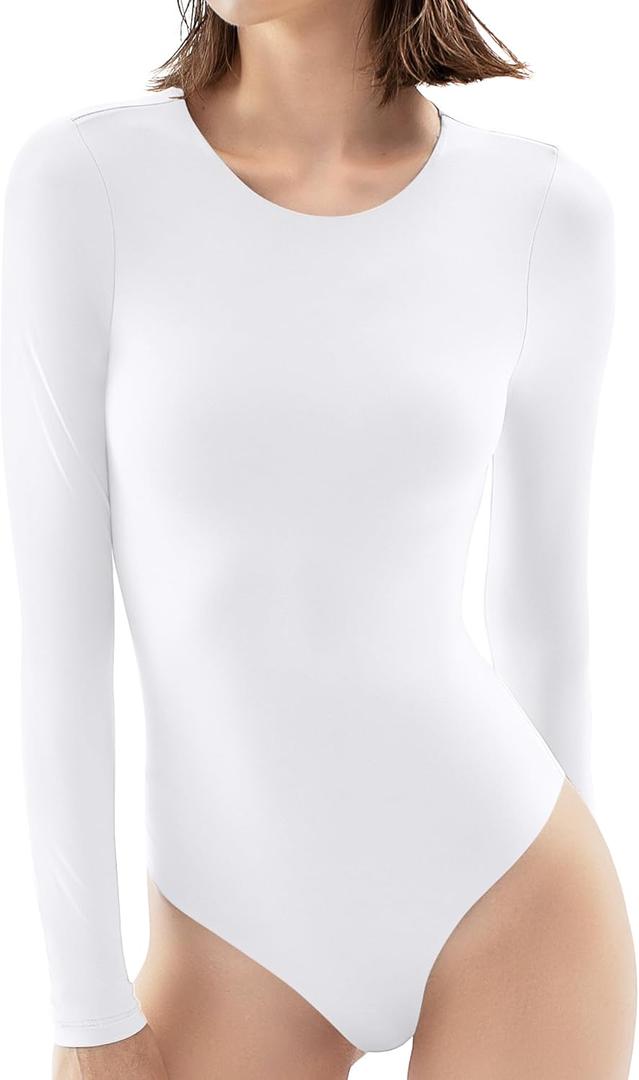 PUMIEY Women's Crew Neck Long Sleeve Bodysuit Second-skin Feel Tops Smoke Cloud Collection (X-Small, 03 Splashed White)