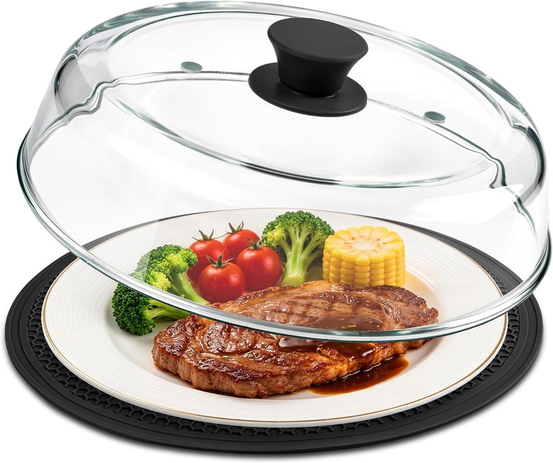 10inch Glass Microwave Splatter Cover for Food with Silicone Mat Heat Resistant Plate Splatter Guard Lid with Vent Holes & Easy-Grip Handle BPA Free, Dishwasher Safe