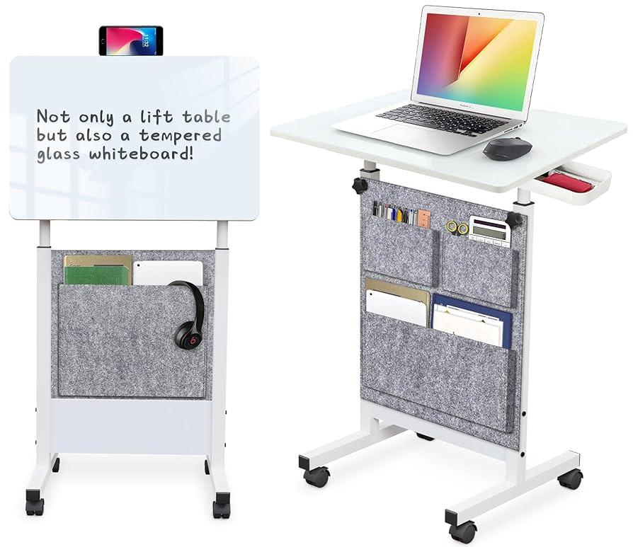 KOUPA Adjustable Height Standing Desk, Writable Tempered Glass Desktop with Eraser, 360° Flip, Wheels and Bag– Ideal for Small Spaces and Home Offices, 24 in, White(Adjustable Height: 32-47 in)