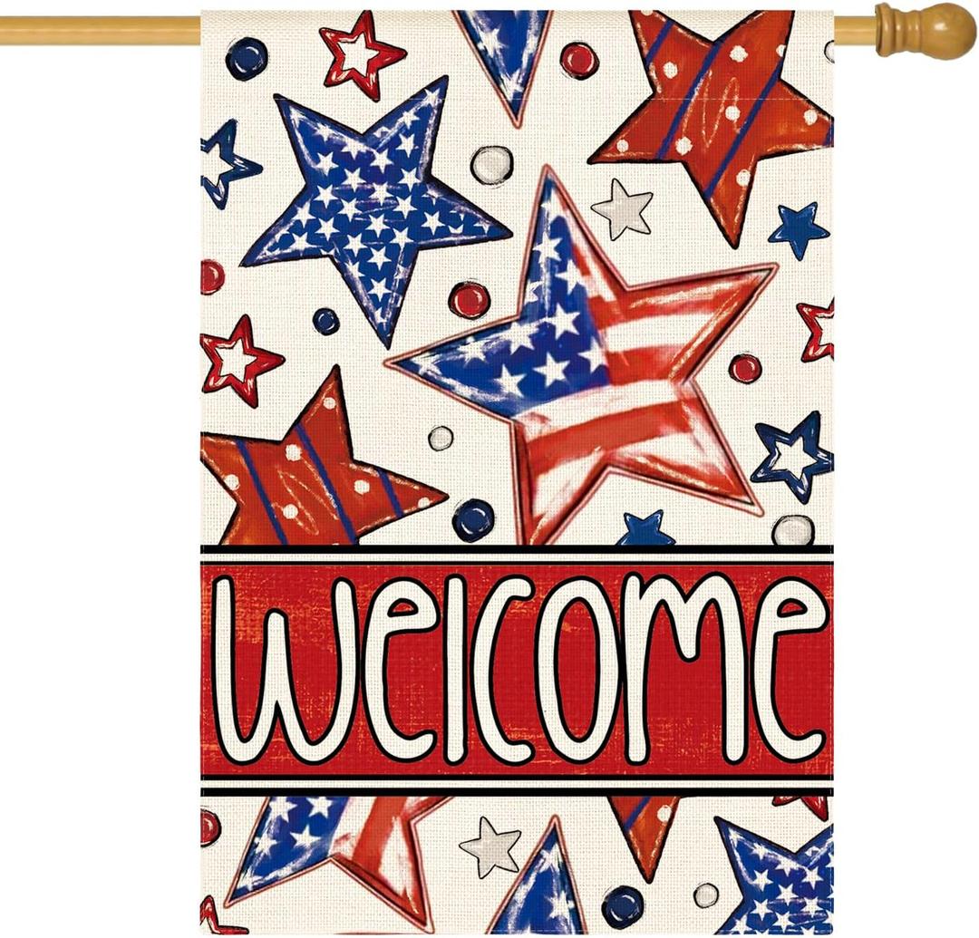 AVOIN colorlife Patriotic 4th of July House Flag 28x40 Inch Double Sided Outside, Welcome American Stars and Stripes Yard Outdoor Decoration