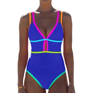 Popvil Women One Piece Swimsuit 2025 Tummy Control Sexy Cutout Neon Color Block Bathing Suit Deep V Neck Adjustable Swimwear (Medium)
