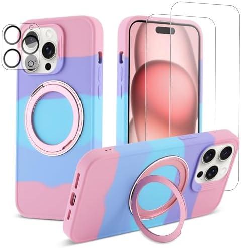 DUEEFA 360° Rotatable Magnetic Ring Stand for iPhone 15 Pro Max case Compatible with MagSafe,with [2xScreen Protector+1xLens Protectors] Shockproof Silicone Slim Phone Case 6.7 inch (Colorful Pink) 2 PACK