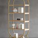 Bookshelf Arched Bookcase, Industrial 5 Tier Open Book Shelves with Metal Frame, 72" Tall Freestanding Display Rack for Home Office, Living Room,Nature Wood and Gold