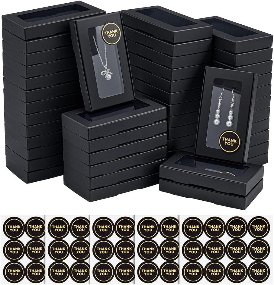 60Pcs Jewelry Gift Boxes 5.4x3.2x0.7 Inch Cardboard Packaging Box with Clear Window Small Storage Display Case 60 Stickers for Display Necklaces Bracelets Earrings Rings (Black)