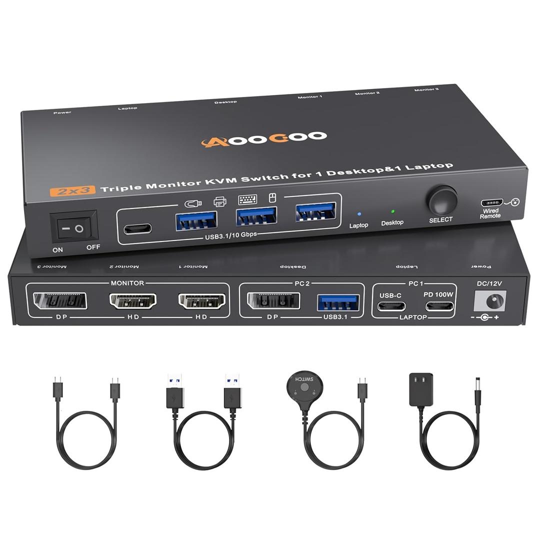 USB C DP KVM Switch 2 Computers 3 Monitors,4K/1080P@60Hz MST KVM Switch for 1 PC&1 Laptop Share 3 Monitor with 4 USB3.0 Devices,PD for Laptop, USB Cables and Power Adapter(4K USB C DP 2 in 3 Out KVM)