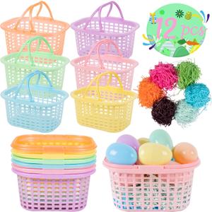 12PCS Small Easter Baskets with Handles Bulk, 12PCS Mini Plastic Eggs and 6Packs Faux Grass Confetti Strips Accessories Filler Stuffers for Spring Decorations Egg Hunt Party Supplies Favors