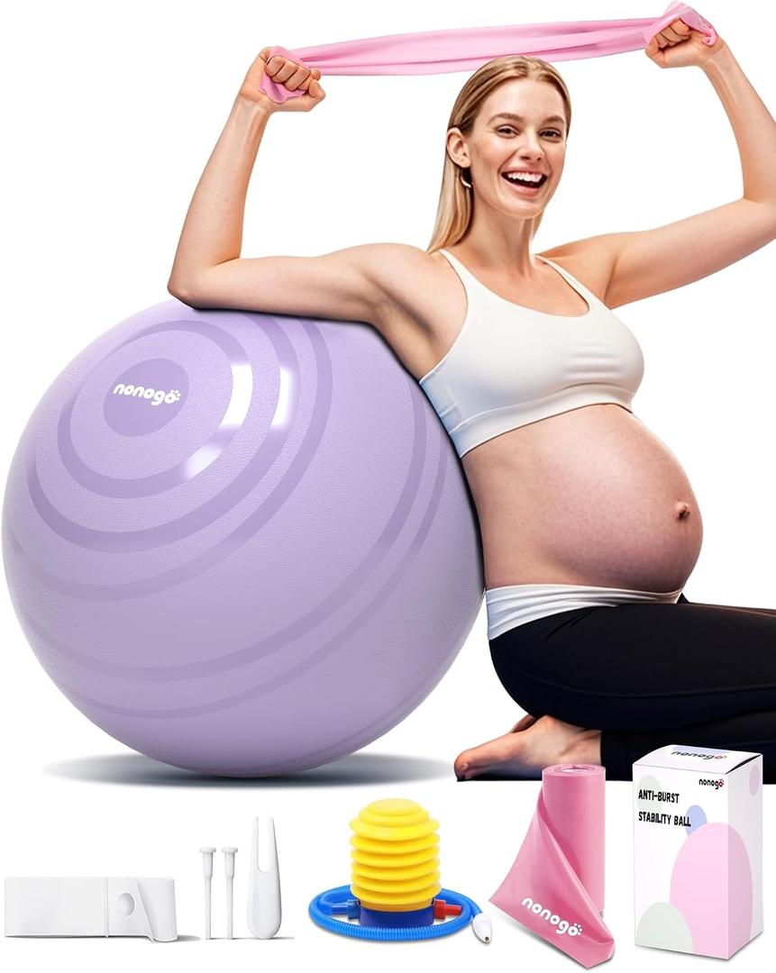 nonogo Birthing Ball for Pregnancy with Resistance Bands- Exercise Ball for Working Out, Yoga, Physical Therapy, Maternity Physio, Balance Stability Ball with Pump, 75cm
