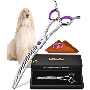 ULG 7.5 Dog Grooming Thinning Shears  30 Curved Pet Thinning Scissors, Japanese 440C Stainless Steel, 60 V-Shaped Teeth, 25% Thinning Rate, Reversible Butterfly Handles, for Face, Nose, Eyes & Coat (Precision Blender (25%))