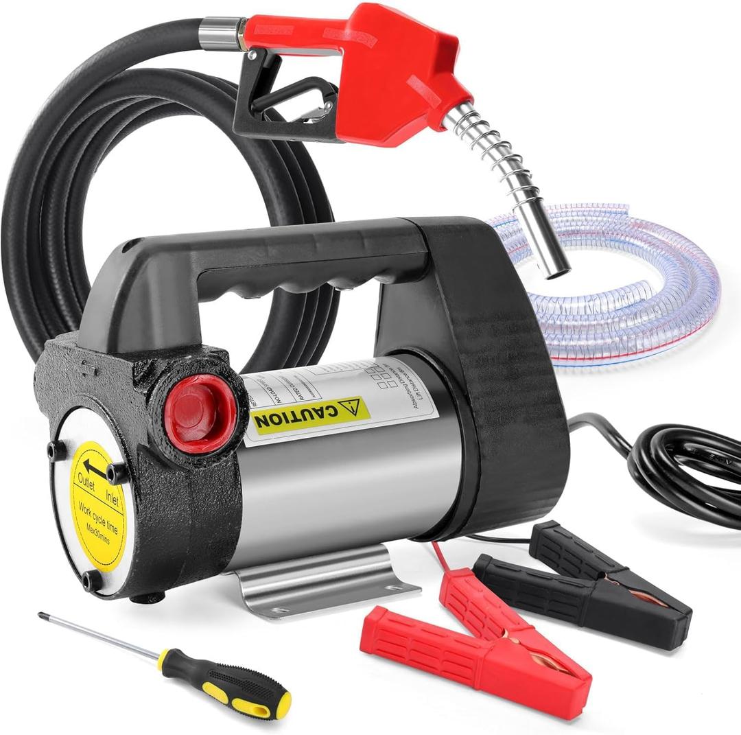 12V DC Portable Electric Fuel Transfer Pump with Extended Power Cord, 10GPM Self Priming Diesel & Kerosene Extraction Pump Kit with Automatic Shut Off Nozzle for Vehicle Refueling, Machinery