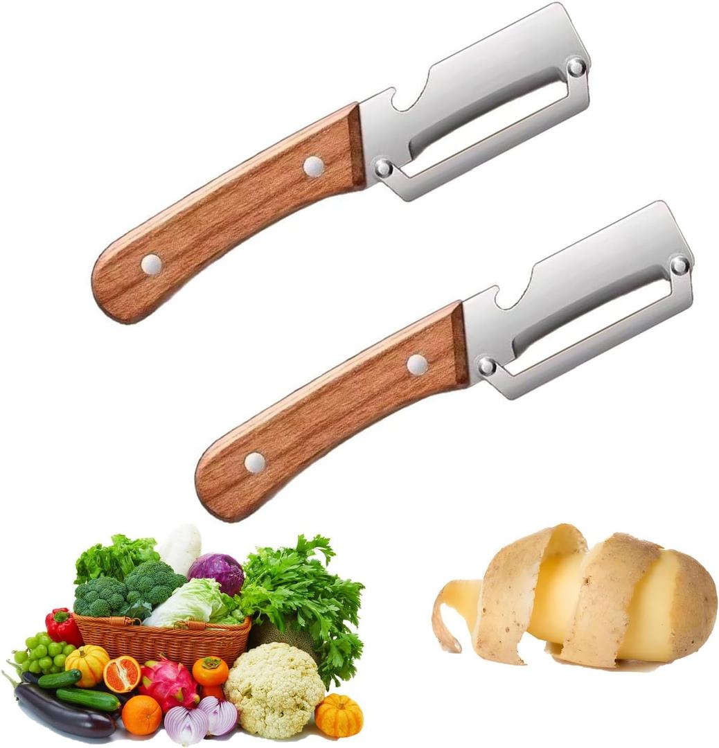 2 x Multifunctional Vegetable Peeler,Stainless Steel Blade Vegetable & Fruit Peeler, Ergonomic Wooden Handle Kitchen Tool for Potato Apple Carrot, Rustproof & Easy to Clean (2PCS)