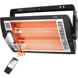 Shinic Electric Garage Heaters with Remote Control, 1500W/750W Ceiling Mounted Radiant Quartz Heater with Work Light, 90 Rotation, 5 Mode Settings, Electric Heater for Garage, Shop, Patio Large Room